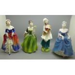 Three Royal Doulton figures, Fleur, Phyllis and Lizzie and a Coalport figure, Regina