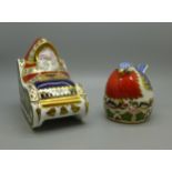 Two Royal Crown Derby pperweights Santa Claus and Robin nesting, with gold stoppers