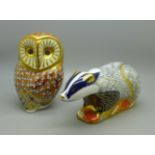 Two Royal Crown Derby paperweights Woodland Badger and Owl paperweights with gold stoppers