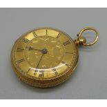 An 18ct gold fob watch, the case hallmarked Chester 1870, 40mm case, total weight 57.3g, front hinge