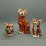 Three Royal Crown Derby Cat paperweights - Ginger Tomcat, Ginger Kitten and a Sitting Ginger Kitten,