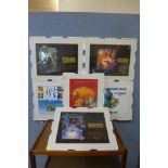 Framed film posters, Star Wars, Empire Strikes Back, Return of the Jedi, Monsters Inc., Shrek and