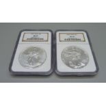 Two 1oz. fine silver, 1992 and 1994 American Eagle one dollar coins, MS69