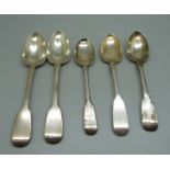 Two Irish silver fiddle and rattail spoons, 1848, a Newcastle silver spoon and two other silver