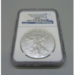 A 1oz. fine silver American one dollar coin, 2013 Eagle, Early Release, MS69