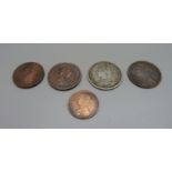 An 1889 half crown, three pennies and a half-penny