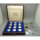 A German fine silver commemorative coin set, twelve x 15g, other coins and a medallion