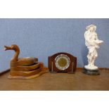 A small Art Deco oak mantel timepiece and two others