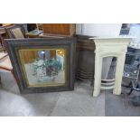 Two cast iron fire inserts and a painted mirror