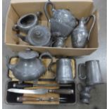 A three piece carving set and a collection of pewter **PLEASE NOTE THIS LOT IS NOT ELIGIBLE FOR