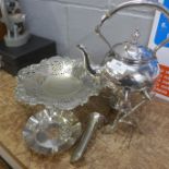 Silver plated items including a spirit kettle and stand