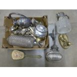 A box of mixed metalwares, flatware, pots, claret jug, etc. **PLEASE NOTE THIS LOT IS NOT ELIGIBLE