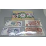 Four banknotes; two Ten Shillings Hallam and Beale Chief Cashier, Isle of Man £1 and £5,