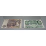 Banknotes; one Ten Pounds, Page Chief Cashier and one £1 O'Brien Chief Cashier, uncirculated