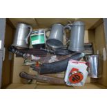 A kukri, a/f, pewter tankards, a camera lens and an MG badge **PLEASE NOTE THIS LOT IS NOT