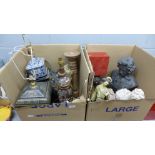 Two boxes of assorted decorative items, three table lamps, a bust of Beethoven, two other busts,