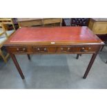 A J. Sydney Smith mahogany and red leather topped three drawer writing table