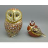 Two Royal Crown Derby paperweights, Owl with gold stopper and one other bird
