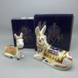 Two Royal Crown Derby paperweights, Donkey and Donkey Foal, both with red Royal Crown Derby stamp on