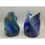 A pair of blue lustre and silver covered Art Nouveau porcelain vases, one with silver a/f, 11cm