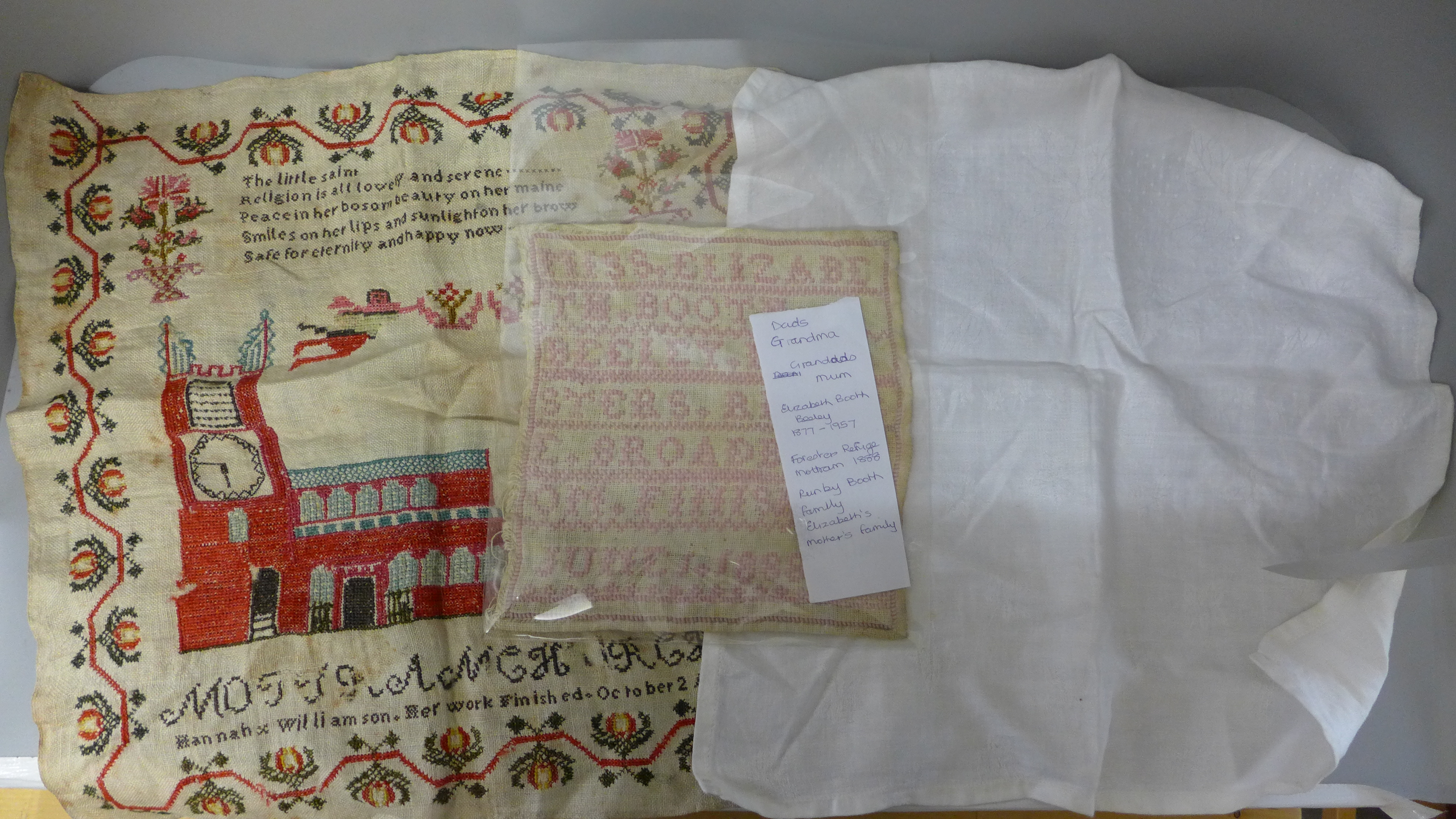 Two 19th Century samplers, one by Miss Elizabeth Booth Beeley (1877-1957) dated 1888 and the other
