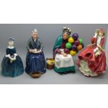 Four Royal Doulton figures incuding Top O' The Hill, (head a/f) Cherie, The Cup of Tea and The Old