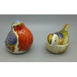 Two Royal Crown Derby paperweights, Robin and Firecrest, both with gold stoppers