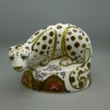 A Royal Crown Derby paperweight, Snow Leopard with gold stopper and red printed marks to the base,