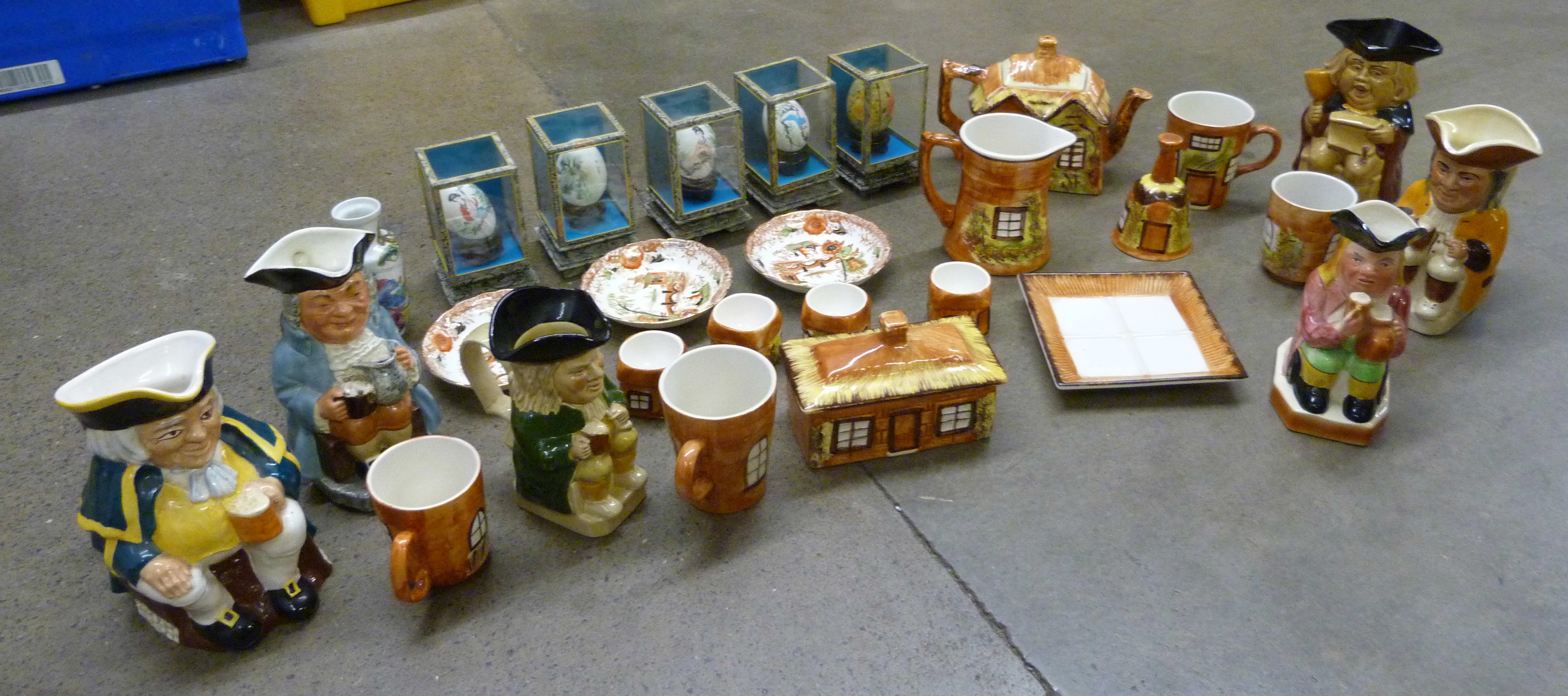 Six Toby jugs, cottageware, Chinese decorative egg shells and oriental saucers**PLEASE NOTE THIS LOT