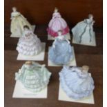 Seven Royal Worcester Debutantes figures, Lady Emma, Elizabeth, Sophie, Louise, Caroline, Hannah and