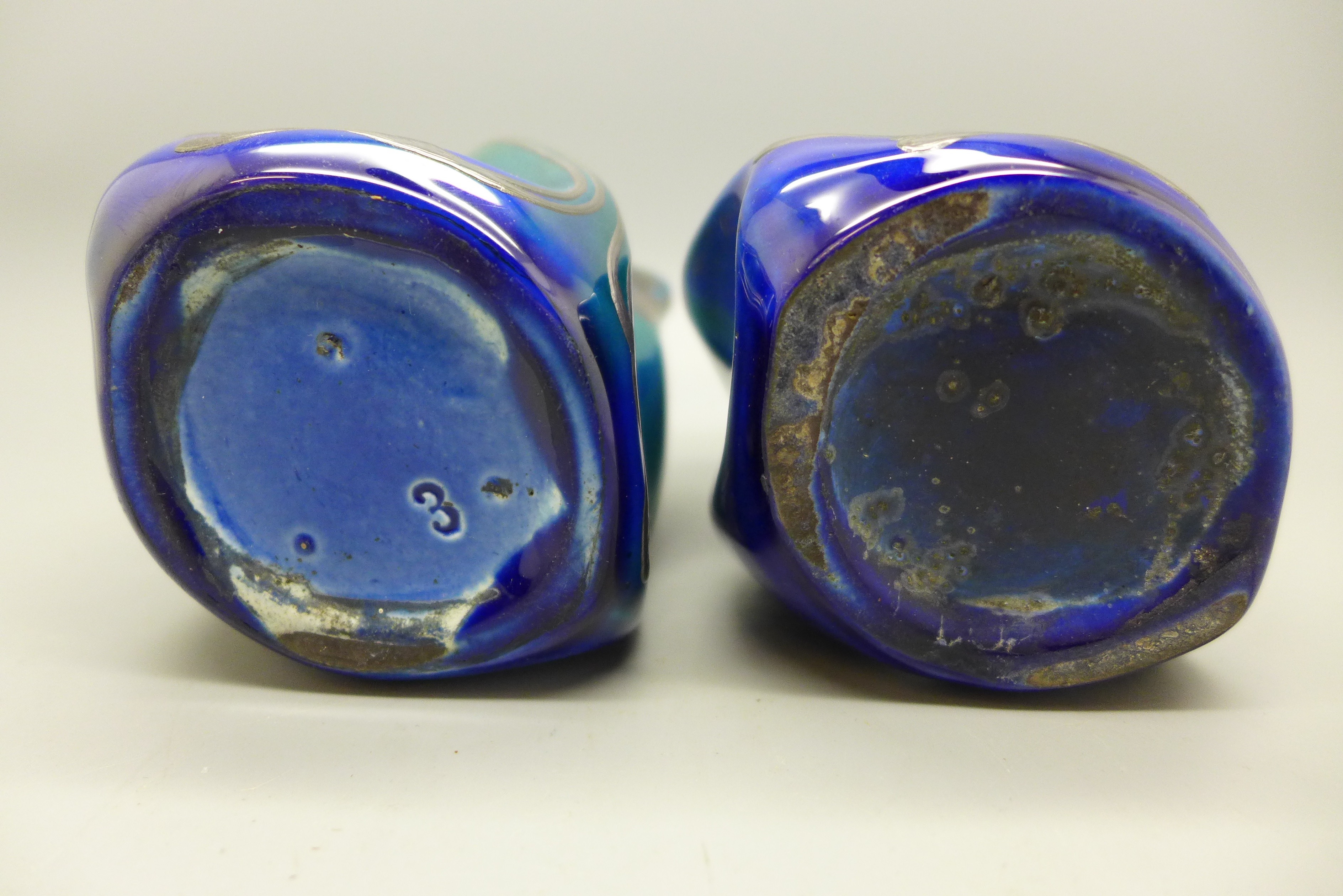 A pair of blue lustre and silver covered Art Nouveau porcelain vases, one with silver a/f, 11cm - Image 2 of 2