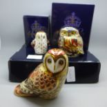 Three Royal Crown Derby Owl paperweights - Short Eared Owl, an exclusive for The Royal Crown Derby