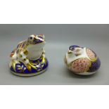 Two Royal Crown Derby paperweights, frog with silver stopper and bird
