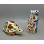 Two Royal Crown Derby paperweights, turtle with gold stopper and chipmunk with silver stopper