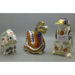 Three Royal Crown Derby paperweights, Squirrel with gold stopper, Dragon and Duck Billed Platypus