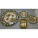 A Royal Crown Derby 2451 pattern plate, two 1128 pattern pin dishes, round and rectangular and a