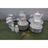 Noritake Blue Hill pattern tea and dinnerware including cake stand, salt and pepper