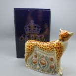A Royal Crown Derby paperweight, Cheetah, 15cm, with red Royal Crown Derby stamp to the base and