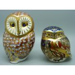 Two Royal Crown Derby owl paperweights, both with silver stoppers