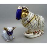 Two Royal Crown Derby paperweights, Ram, 13.5cm x 14cm and a sitting Lamb, both with red Royal Crown