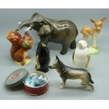 A collection of Beswick and other animals, including African elephant, Beatrix Potter's Squirrel