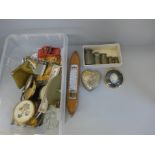 Brass weights, small wood plane, trinket box, etc.