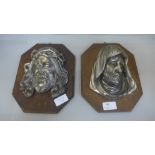 Two wooden and metal religious plaques