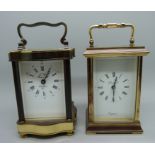 Two brass and four glass sided carriage clocks, French and English