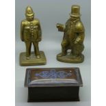A copper Arts and Crafts rectangular box and two brass figures, Policeman and Bow Street Runner