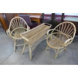 A wicker and bamboo planter, a rocking chair and another chair