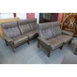 A Danish Skippers Mobler beech and brown leather reclining two piece lounge suite, model no. 7882,