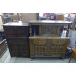 A carved oak court cupboard, a dresser and a cocktail cabinet