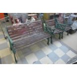A cast iron ended garden bench and a pair of armchairs