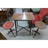 Two mahogany tripod wine tables and an inlaid mahogany occasional table